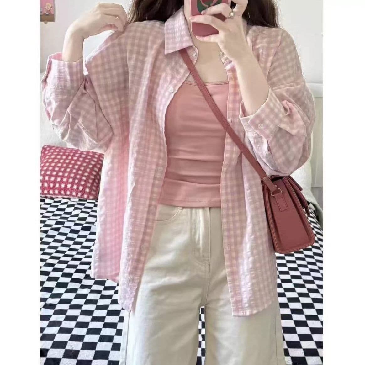 푸른 녹색 체크무늬 POLO 칼라 셔츠 여성 여름 도파민 얇은 스타일 루즈핏 자외선 차단 맨위 이미지 3