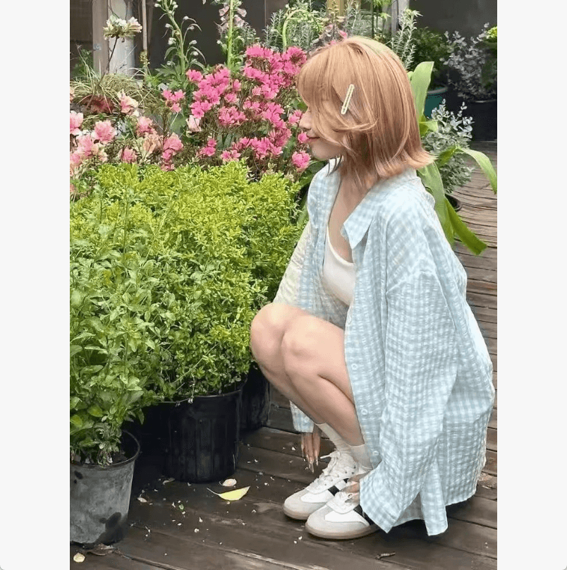 푸른 녹색 체크무늬 POLO 칼라 셔츠 여성 여름 도파민 얇은 스타일 루즈핏 자외선 차단 맨위 이미지 4