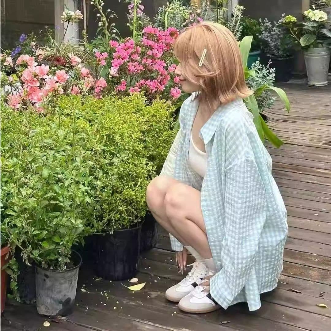 푸른 녹색 체크무늬 POLO 칼라 셔츠 여성 여름 도파민 얇은 스타일 루즈핏 자외선 차단 맨위 상세 이미지 1