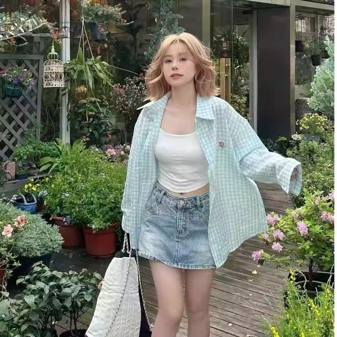 푸른 녹색 체크무늬 POLO 칼라 셔츠 여성 여름 도파민 얇은 스타일 루즈핏 자외선 차단 맨위 상세 이미지 2
