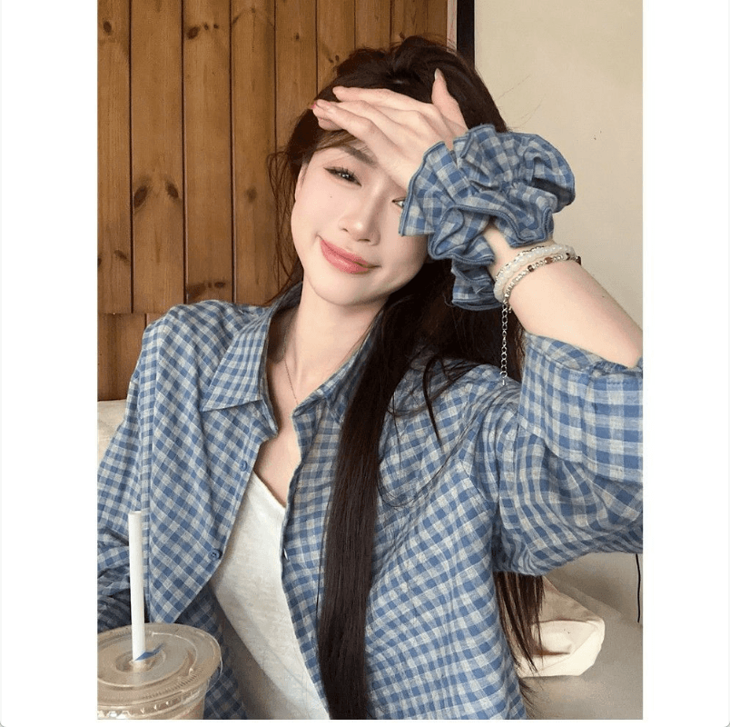 벨트 머리카락 서클 한 부서 품격 긴팔 여성 셔츠 봄 가을 디자인 센스 캐주얼 다용도 슬림해 보이는 체크무늬 재킷 이미지 2