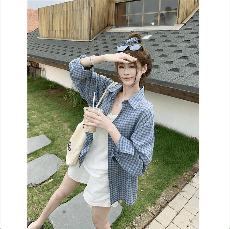 벨트 머리카락 서클 한 부서 품격 긴팔 여성 셔츠 봄 가을 디자인 센스 캐주얼 다용도 슬림해 보이는 체크무늬 재킷 이미지 3