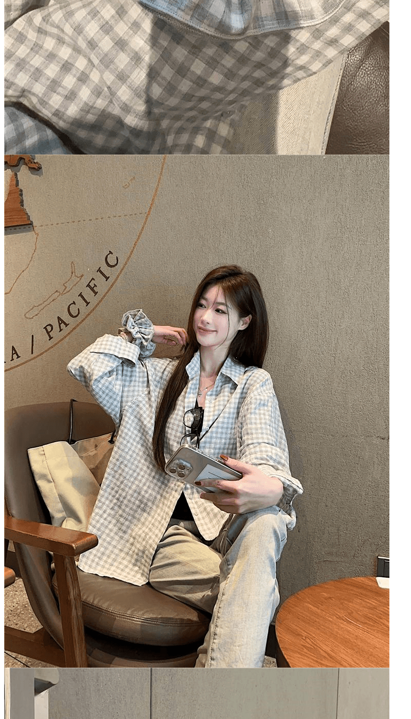 벨트 머리카락 서클 한 부서 품격 긴팔 여성 셔츠 봄 가을 디자인 센스 캐주얼 다용도 슬림해 보이는 체크무늬 재킷 상세 이미지 1