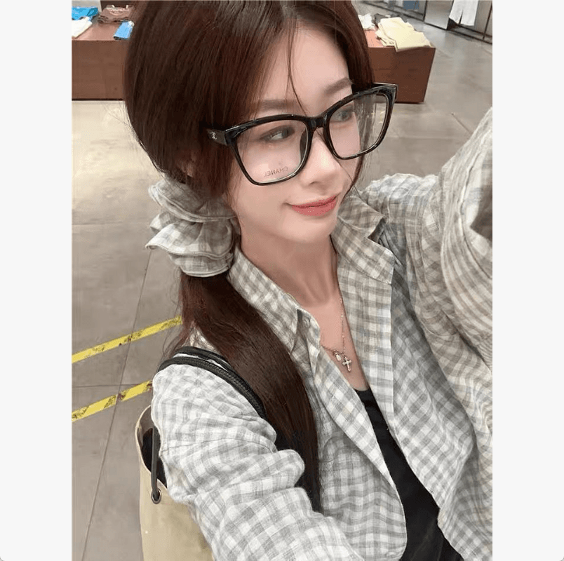 벨트 헤드 플라워 한국 스타일 루즈핏 느긋한 바람 자외선 차단 여성 셔츠 여름 얇은 스타일 레트로 체크무늬 긴팔 셔츠 재킷 맨위 이미지 4