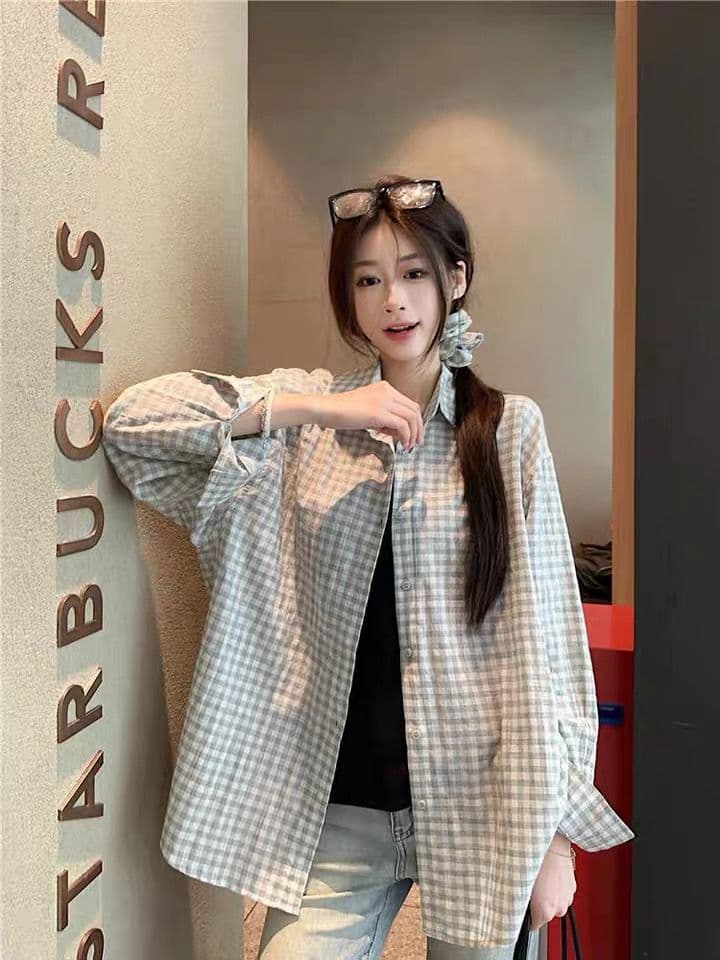 벨트 헤드 플라워 한국 스타일 루즈핏 느긋한 바람 자외선 차단 여성 셔츠 여름 얇은 스타일 레트로 체크무늬 긴팔 셔츠 재킷 맨위 상세 이미지 4