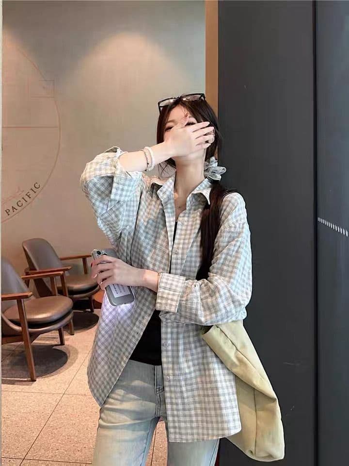 벨트 헤드 플라워 한국 스타일 루즈핏 느긋한 바람 자외선 차단 여성 셔츠 여름 얇은 스타일 레트로 체크무늬 긴팔 셔츠 재킷 맨위 상세 이미지 7