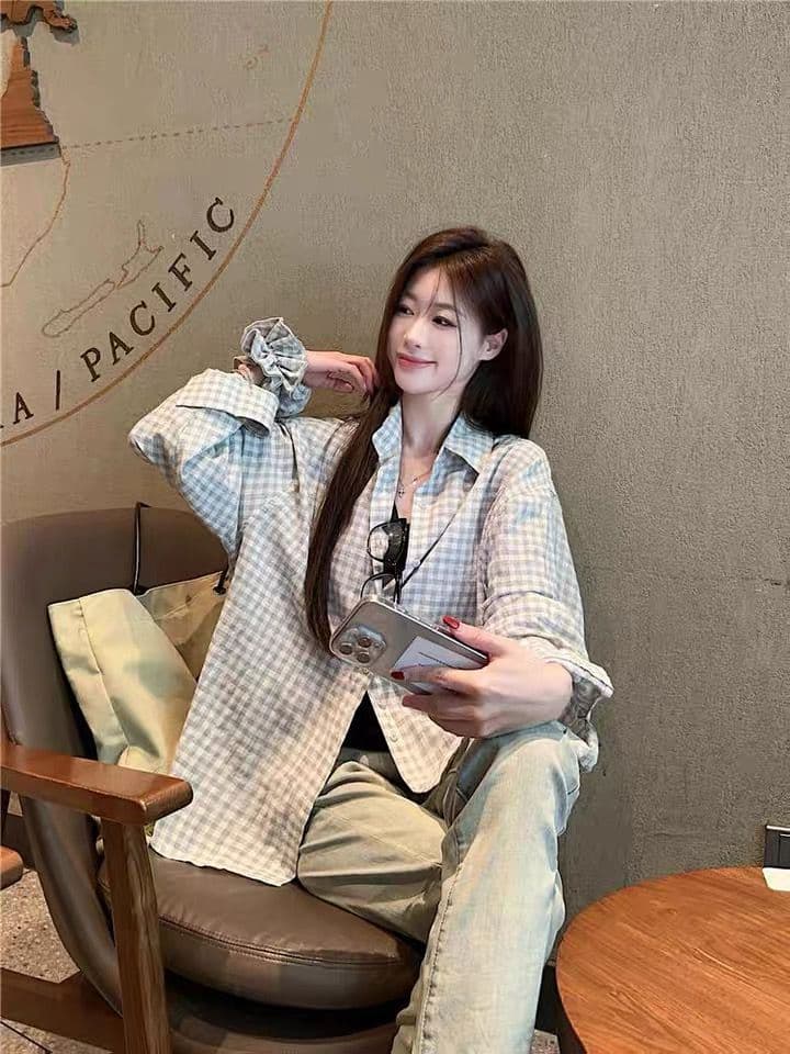벨트 헤드 플라워 한국 스타일 루즈핏 느긋한 바람 자외선 차단 여성 셔츠 여름 얇은 스타일 레트로 체크무늬 긴팔 셔츠 재킷 맨위 상세 이미지 12