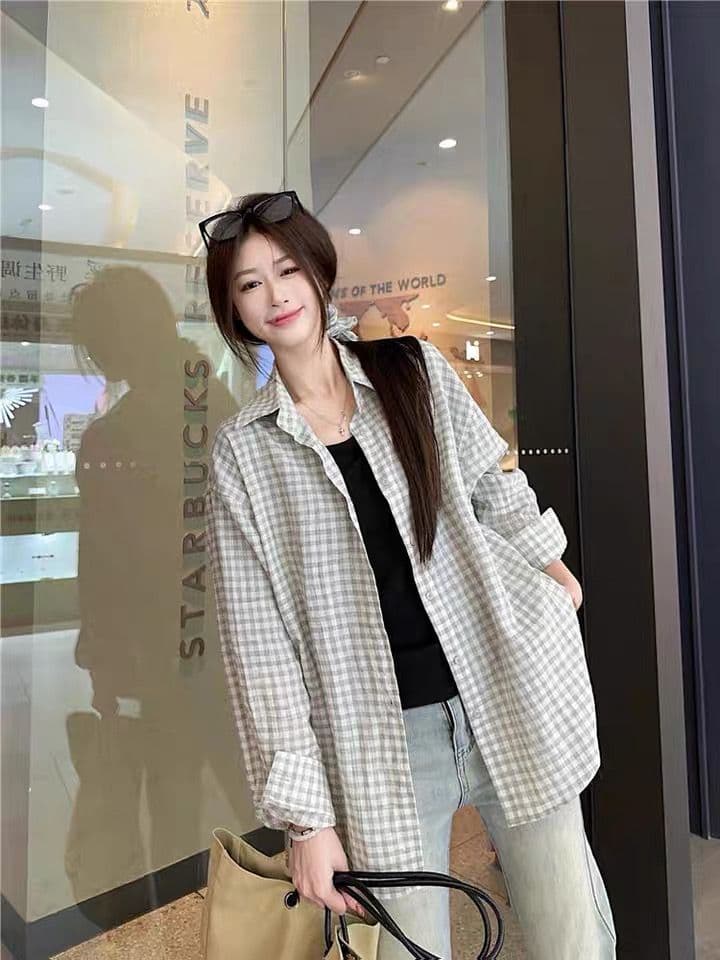 벨트 헤드 플라워 한국 스타일 루즈핏 느긋한 바람 자외선 차단 여성 셔츠 여름 얇은 스타일 레트로 체크무늬 긴팔 셔츠 재킷 맨위 상세 이미지 13