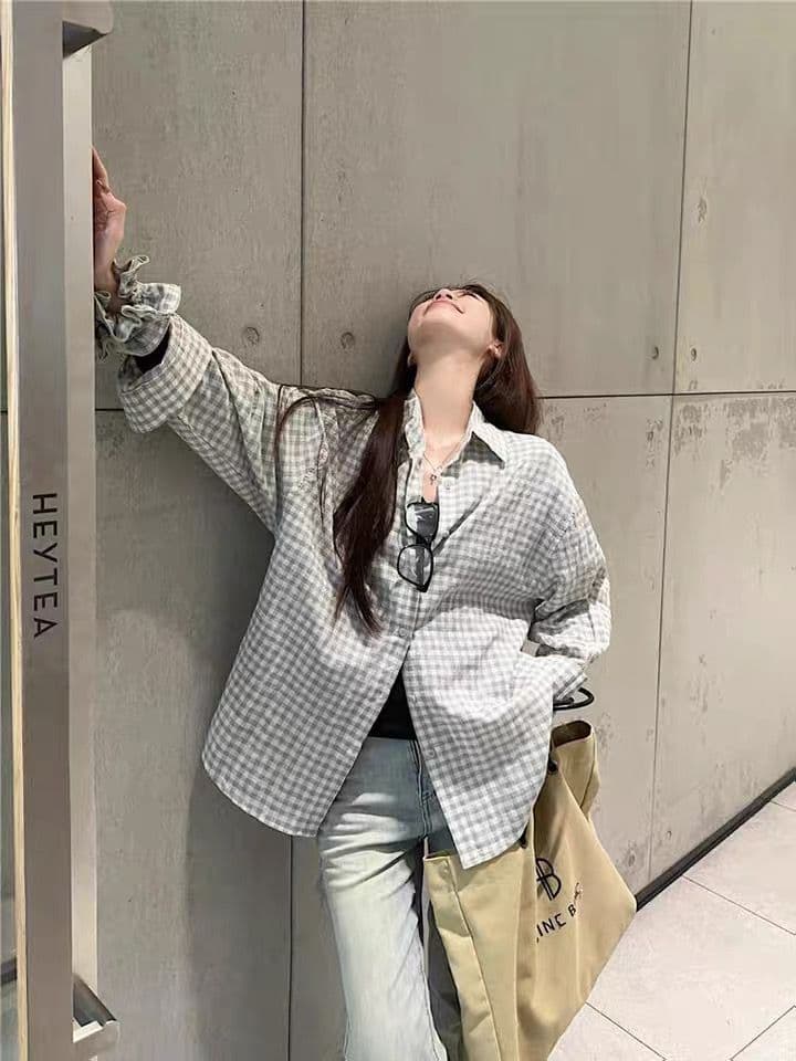 벨트 헤드 플라워 한국 스타일 루즈핏 느긋한 바람 자외선 차단 여성 셔츠 여름 얇은 스타일 레트로 체크무늬 긴팔 셔츠 재킷 맨위 상세 이미지 14