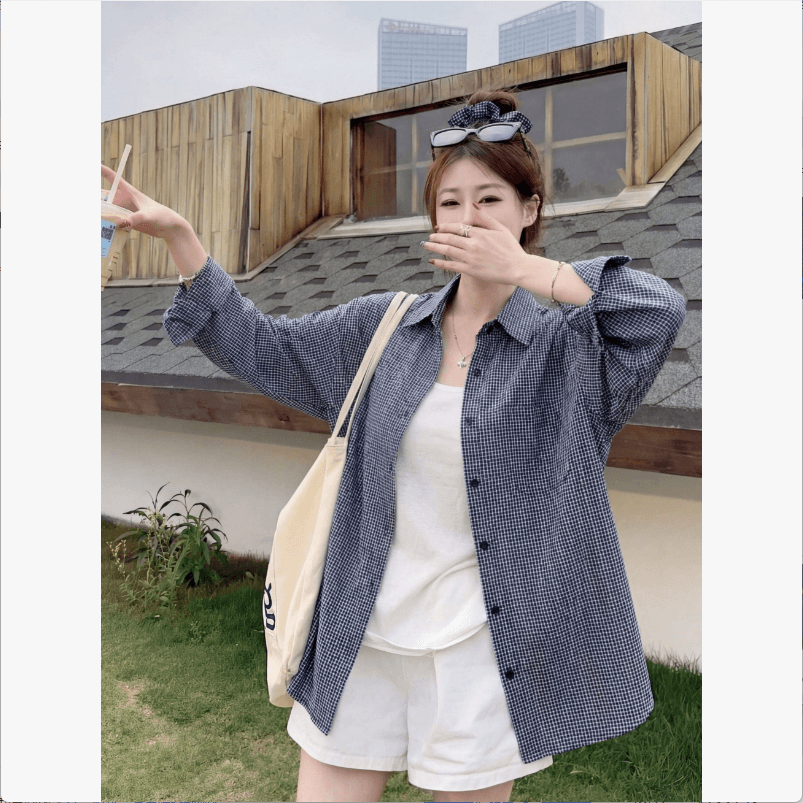 힘 스타일 착용 가져 가라. 핑크색 격자 무늬 셔츠 여아 디자인 센스 자외선 차단 외투 레트로 슬립 외부 가져 가라. 오픈 가디건 맨위 이미지 4