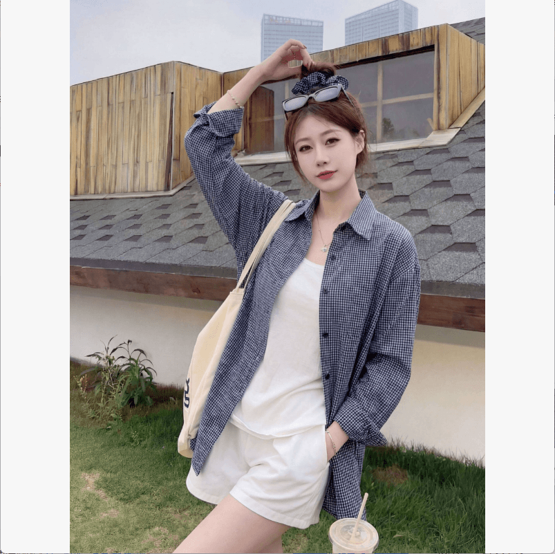 힘 스타일 착용 가져 가라. 핑크색 격자 무늬 셔츠 여아 디자인 센스 자외선 차단 외투 레트로 슬립 외부 가져 가라. 오픈 가디건 맨위 이미지 3