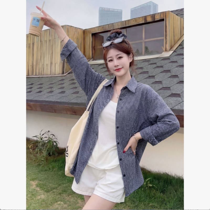 힘 스타일 착용 가져 가라. 핑크색 격자 무늬 셔츠 여아 디자인 센스 자외선 차단 외투 레트로 슬립 외부 가져 가라. 오픈 가디건 맨위 이미지 5