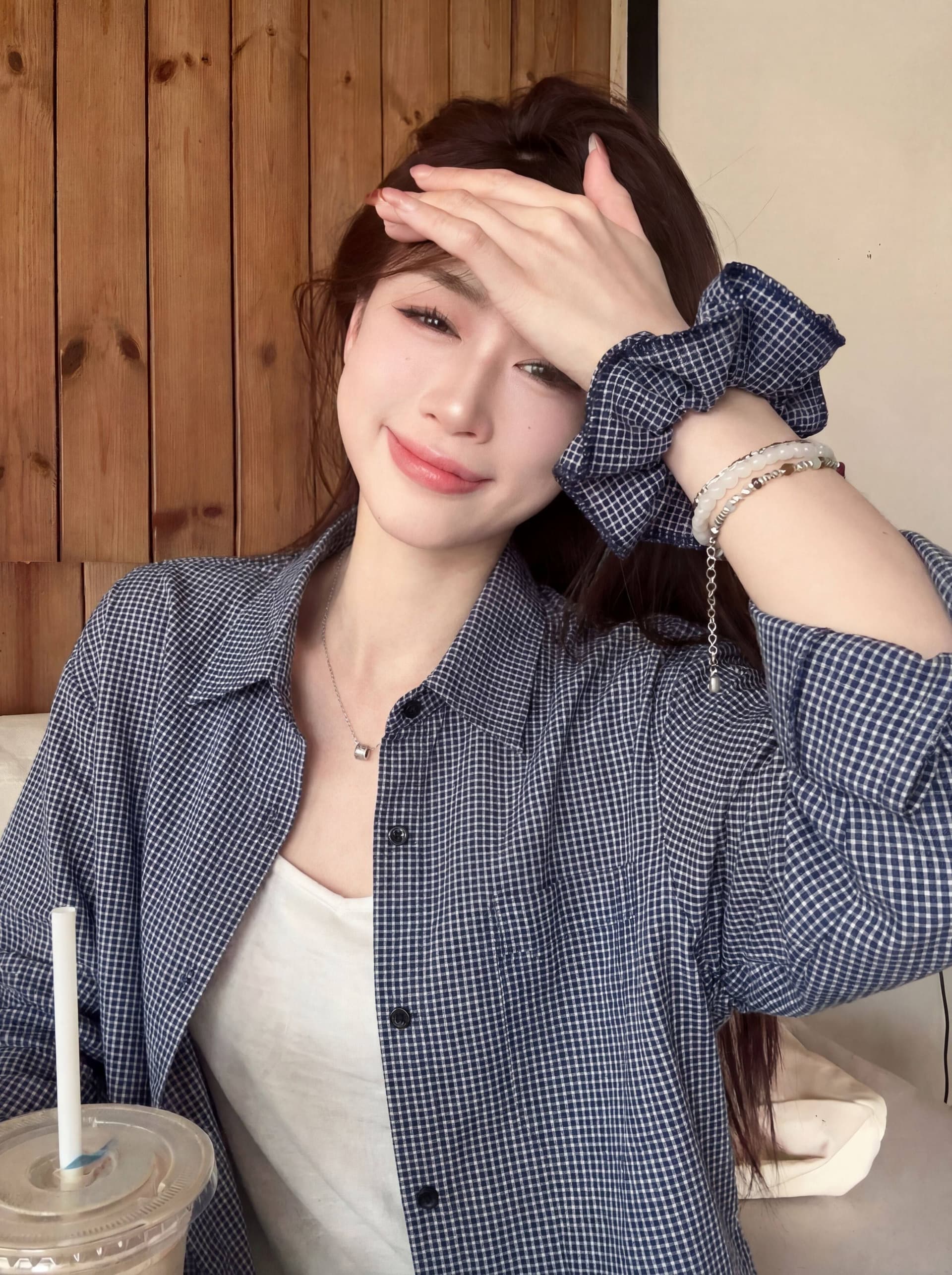 힘 스타일 착용 가져 가라. 핑크색 격자 무늬 셔츠 여아 디자인 센스 자외선 차단 외투 레트로 슬립 외부 가져 가라. 오픈 가디건 맨위 상세 이미지 5