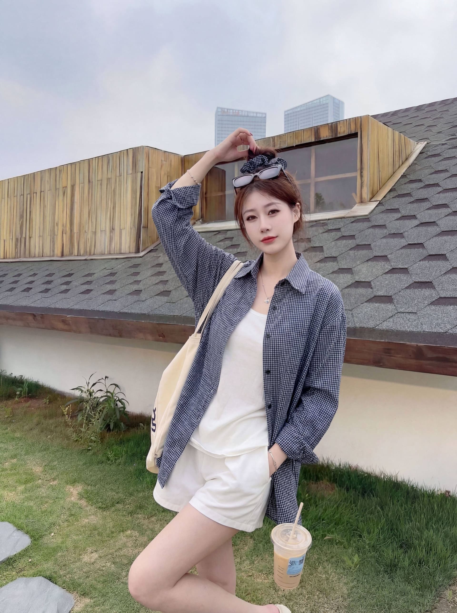 힘 스타일 착용 가져 가라. 핑크색 격자 무늬 셔츠 여아 디자인 센스 자외선 차단 외투 레트로 슬립 외부 가져 가라. 오픈 가디건 맨위 상세 이미지 8