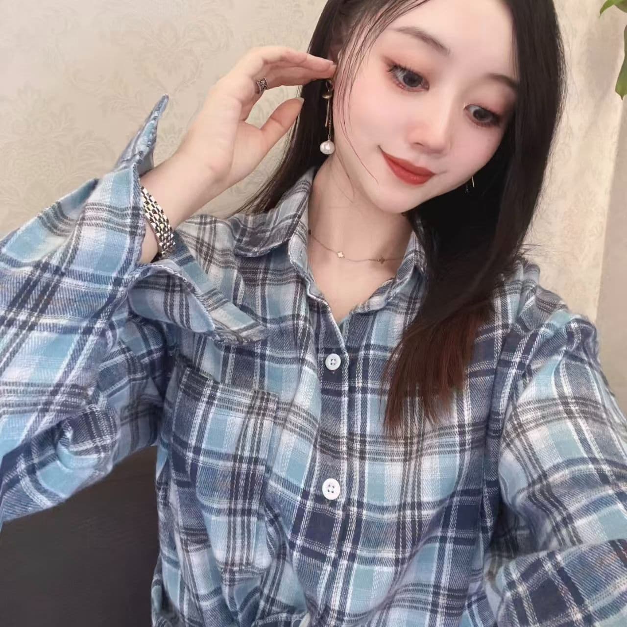 아메리칸 레트로 파란색 격자 무늬 셔츠 작은 대중 여성 코트 작은 키 2026 새로운 봄 가을 체크무늬 셔츠 루즈핏 이미지 4