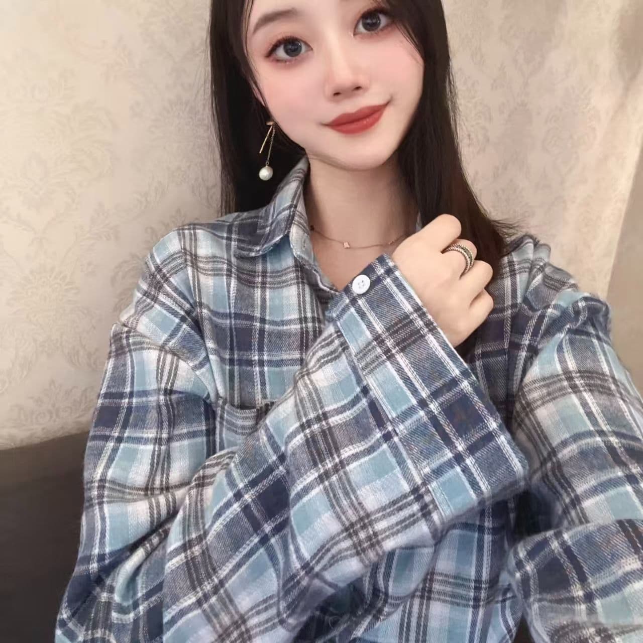 아메리칸 레트로 파란색 격자 무늬 셔츠 작은 대중 여성 코트 작은 키 2026 새로운 봄 가을 체크무늬 셔츠 루즈핏 이미지 3