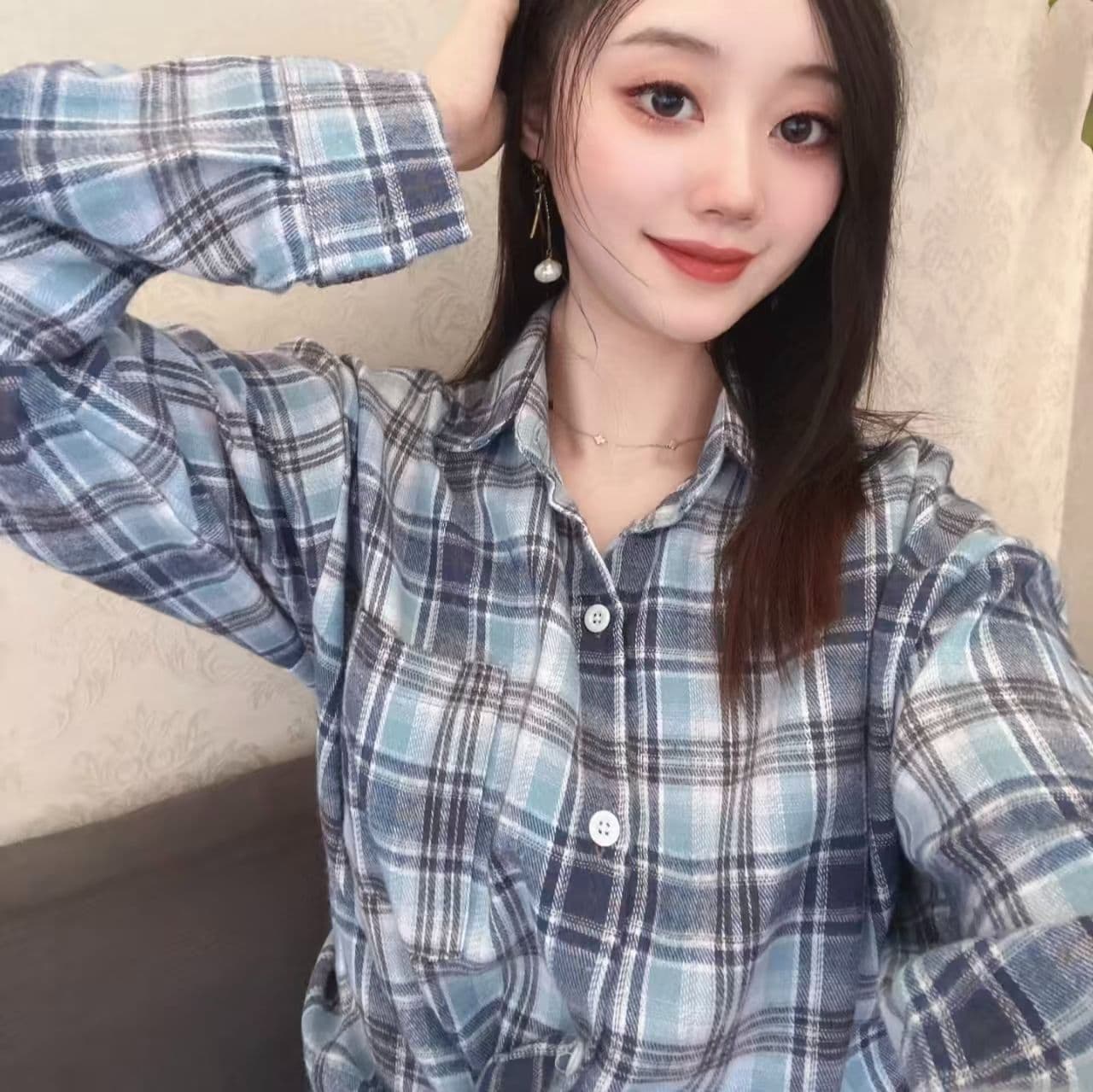 아메리칸 레트로 파란색 격자 무늬 셔츠 작은 대중 여성 코트 작은 키 2026 새로운 봄 가을 체크무늬 셔츠 루즈핏 상세 이미지 1