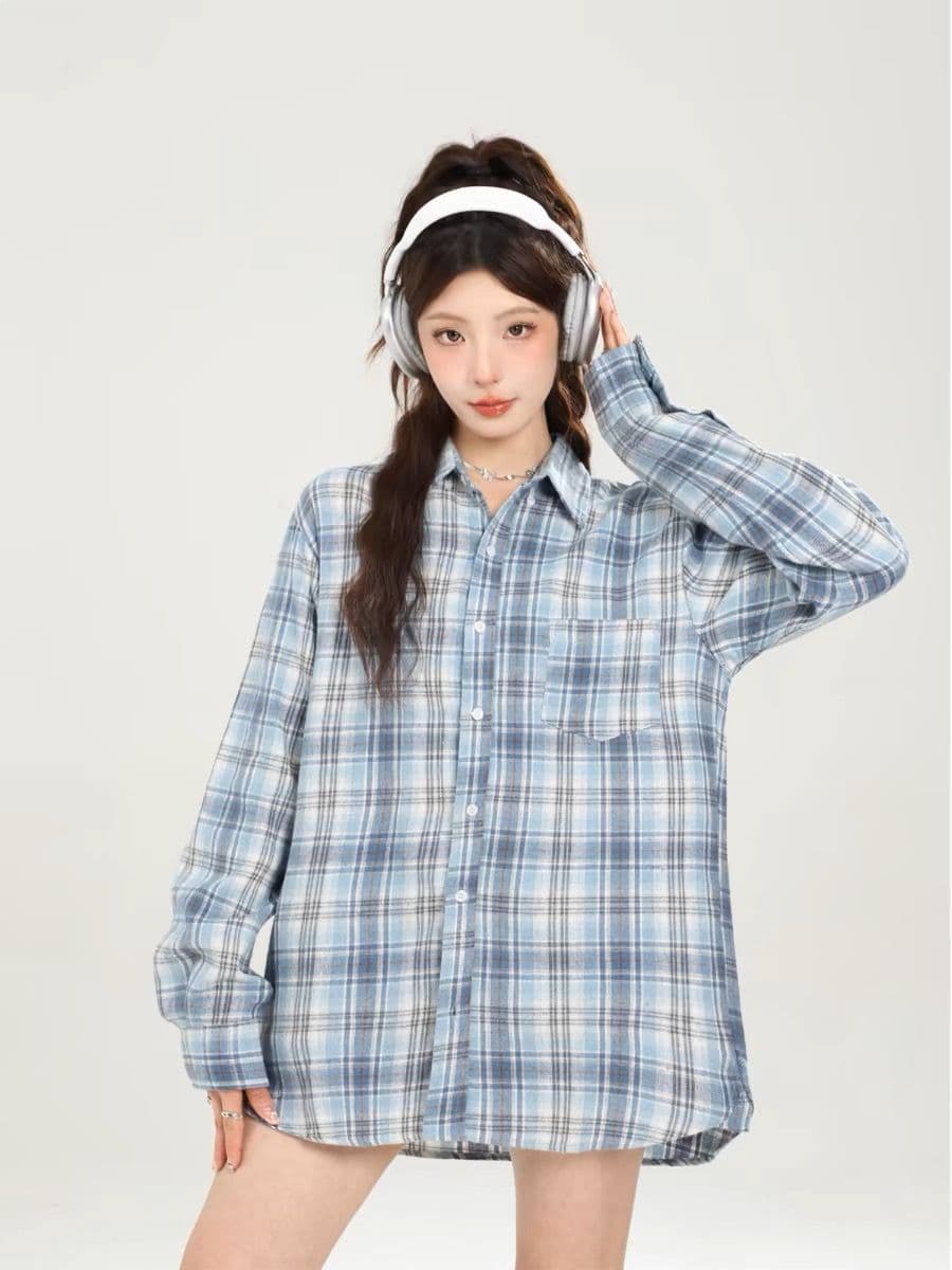 파란색 체크무늬 POLO 칼라 긴팔 캐주얼 여성 셔츠 봄 루즈핏 슬림해 보이는 셔츠 다용도 chic 오픈 가디건 맨위 상세 이미지 1