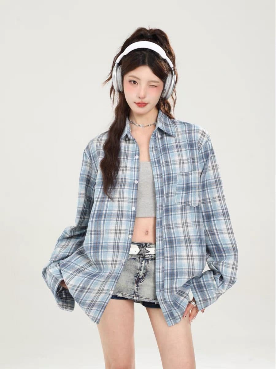 파란색 체크무늬 POLO 칼라 긴팔 캐주얼 여성 셔츠 봄 루즈핏 슬림해 보이는 셔츠 다용도 chic 오픈 가디건 맨위 상세 이미지 2