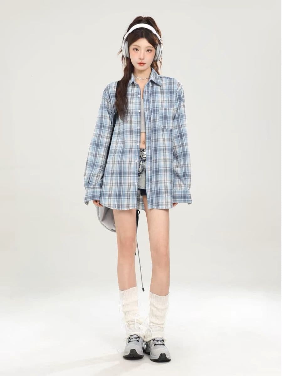 파란색 체크무늬 POLO 칼라 긴팔 캐주얼 여성 셔츠 봄 루즈핏 슬림해 보이는 셔츠 다용도 chic 오픈 가디건 맨위 상세 이미지 3