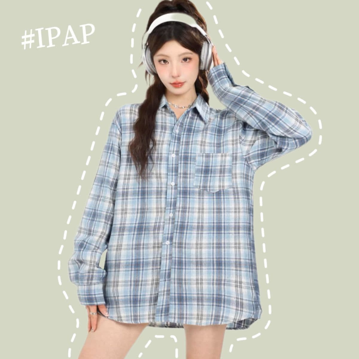 파란색 체크무늬 POLO 칼라 긴팔 캐주얼 여성 셔츠 봄 루즈핏 슬림해 보이는 셔츠 다용도 chic 오픈 가디건 맨위 상세 이미지 6