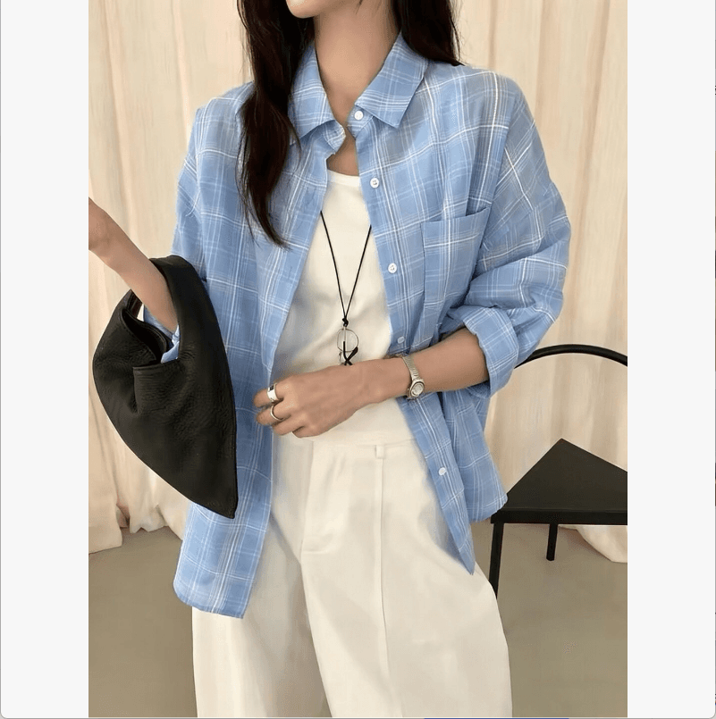 면 100% 원본 원단 아메리칸 체크무늬 여성 셔츠 봄 가을 패션 레트로 루즈핏 한국 스타일 캐주얼 체크무늬 긴팔 이미지 4
