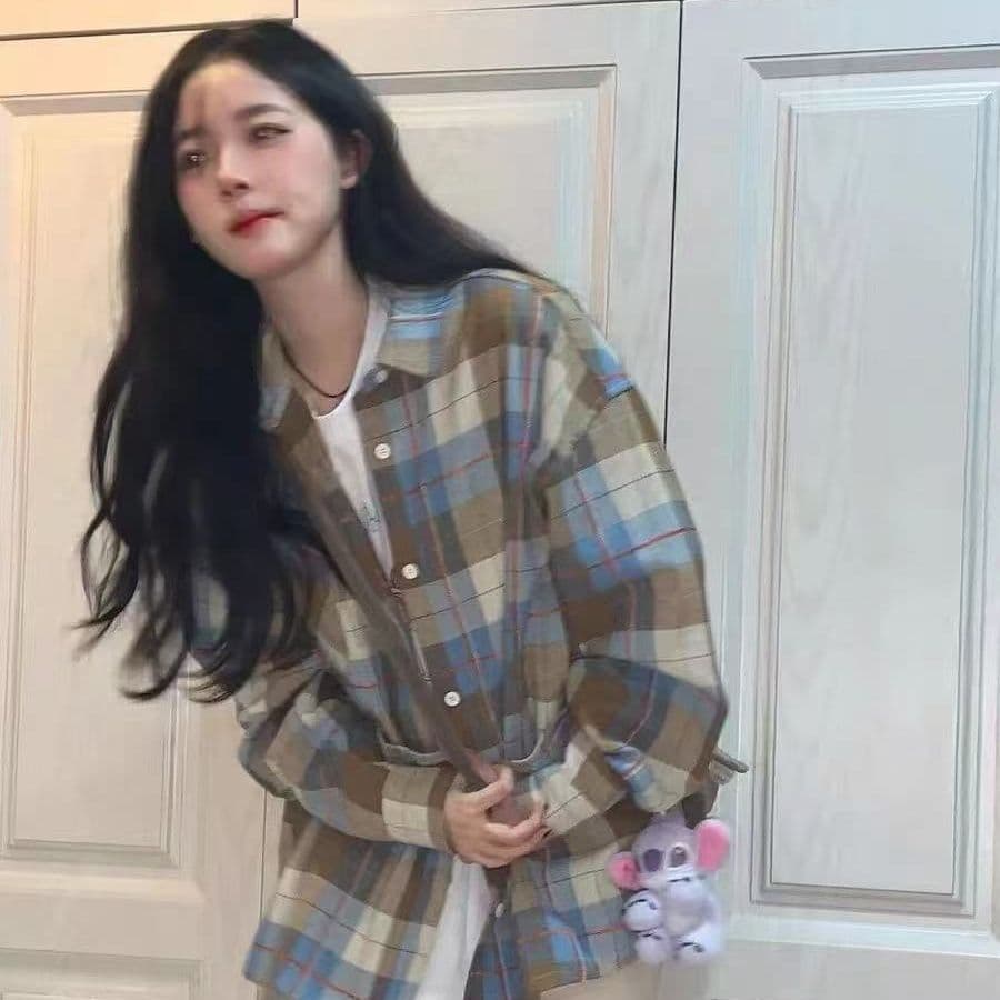 2026 이른 가을 문예 레트로 녹색 격자 무늬 셔츠 외출용 여성 루즈핏 캐주얼 슬림해 보이는 커플 섹션 셔츠 오픈 가디건 이미지 3