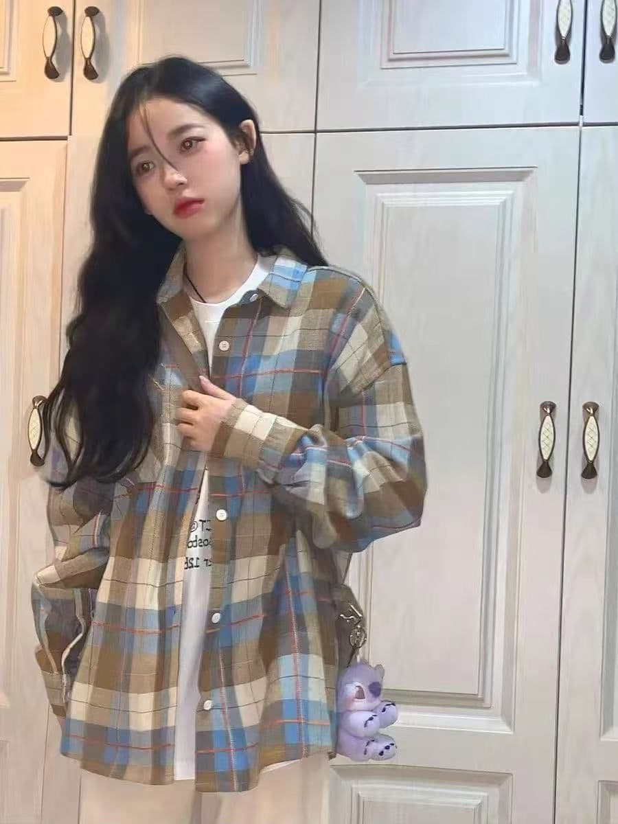 2026 이른 가을 문예 레트로 녹색 격자 무늬 셔츠 외출용 여성 루즈핏 캐주얼 슬림해 보이는 커플 섹션 셔츠 오픈 가디건 상세 이미지 8
