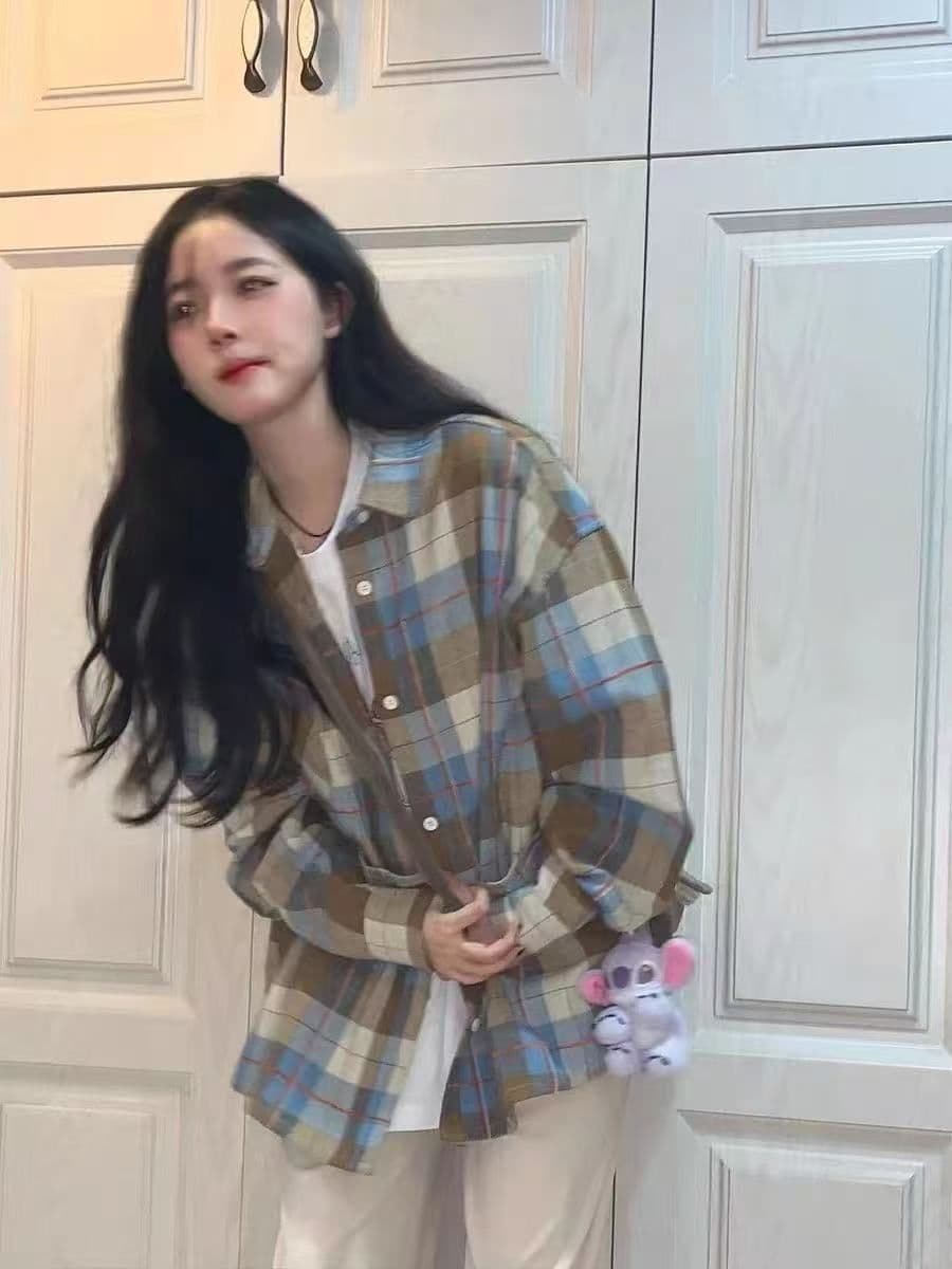 2026 이른 가을 문예 레트로 녹색 격자 무늬 셔츠 외출용 여성 루즈핏 캐주얼 슬림해 보이는 커플 섹션 셔츠 오픈 가디건 상세 이미지 9