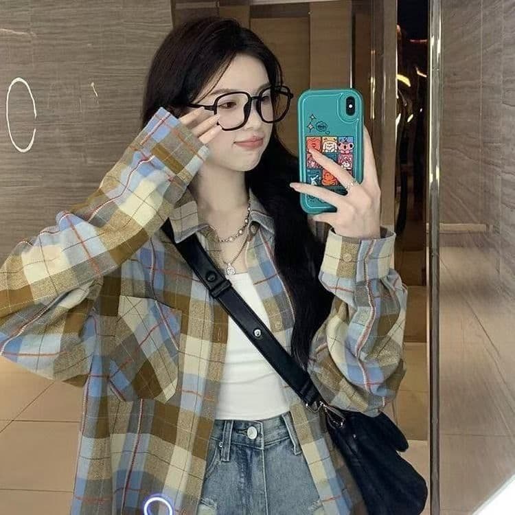 2026 이른 가을 문예 레트로 녹색 격자 무늬 셔츠 외출용 여성 루즈핏 캐주얼 슬림해 보이는 커플 섹션 셔츠 오픈 가디건 상세 이미지 10