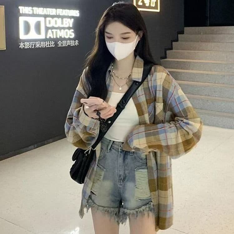 2026 이른 가을 문예 레트로 녹색 격자 무늬 셔츠 외출용 여성 루즈핏 캐주얼 슬림해 보이는 커플 섹션 셔츠 오픈 가디건 상세 이미지 11