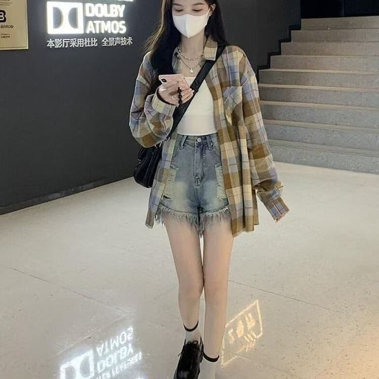 2026 이른 가을 문예 레트로 녹색 격자 무늬 셔츠 외출용 여성 루즈핏 캐주얼 슬림해 보이는 커플 섹션 셔츠 오픈 가디건 상세 이미지 12