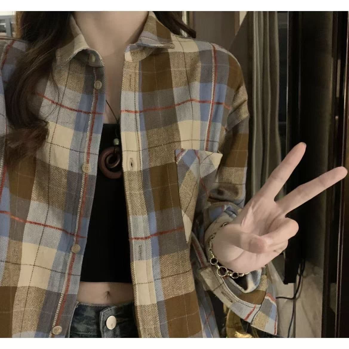 2026 이른 가을 문예 레트로 녹색 격자 무늬 셔츠 외출용 여성 루즈핏 캐주얼 슬림해 보이는 커플 섹션 셔츠 오픈 가디건 상세 이미지 17