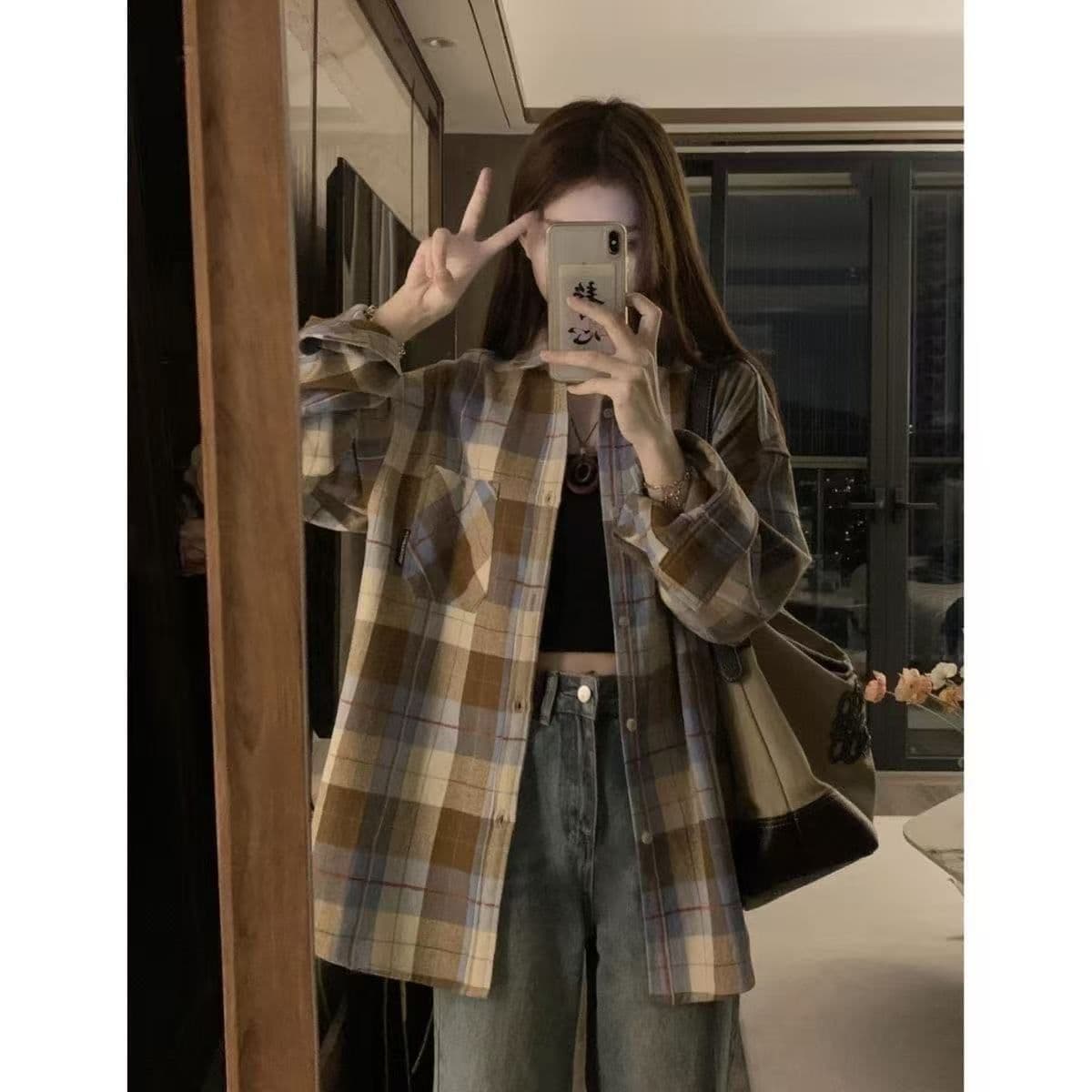 2026 이른 가을 문예 레트로 녹색 격자 무늬 셔츠 외출용 여성 루즈핏 캐주얼 슬림해 보이는 커플 섹션 셔츠 오픈 가디건 상세 이미지 19