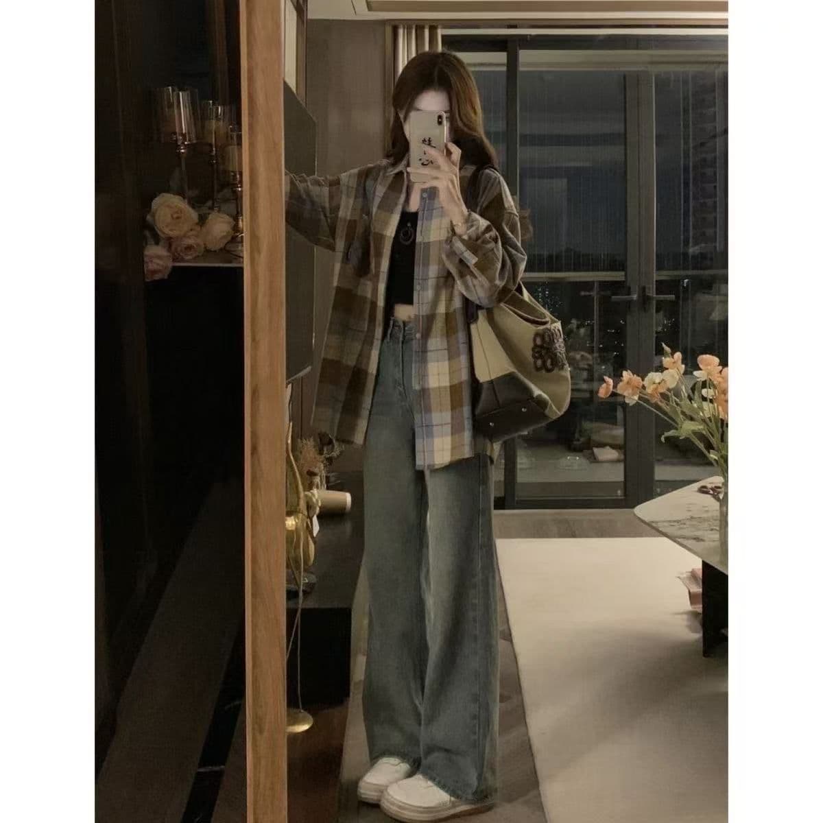 2026 이른 가을 문예 레트로 녹색 격자 무늬 셔츠 외출용 여성 루즈핏 캐주얼 슬림해 보이는 커플 섹션 셔츠 오픈 가디건 상세 이미지 21