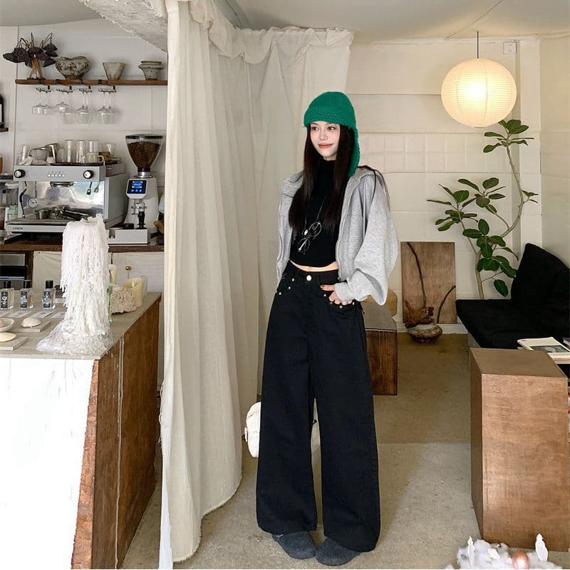 검정색 레트로 루즈핏 넓은 다리 청바지 한국 스타일 디자인 센스 하이웨이스트 외국 가스 표지 고기 스트레이트 팬츠