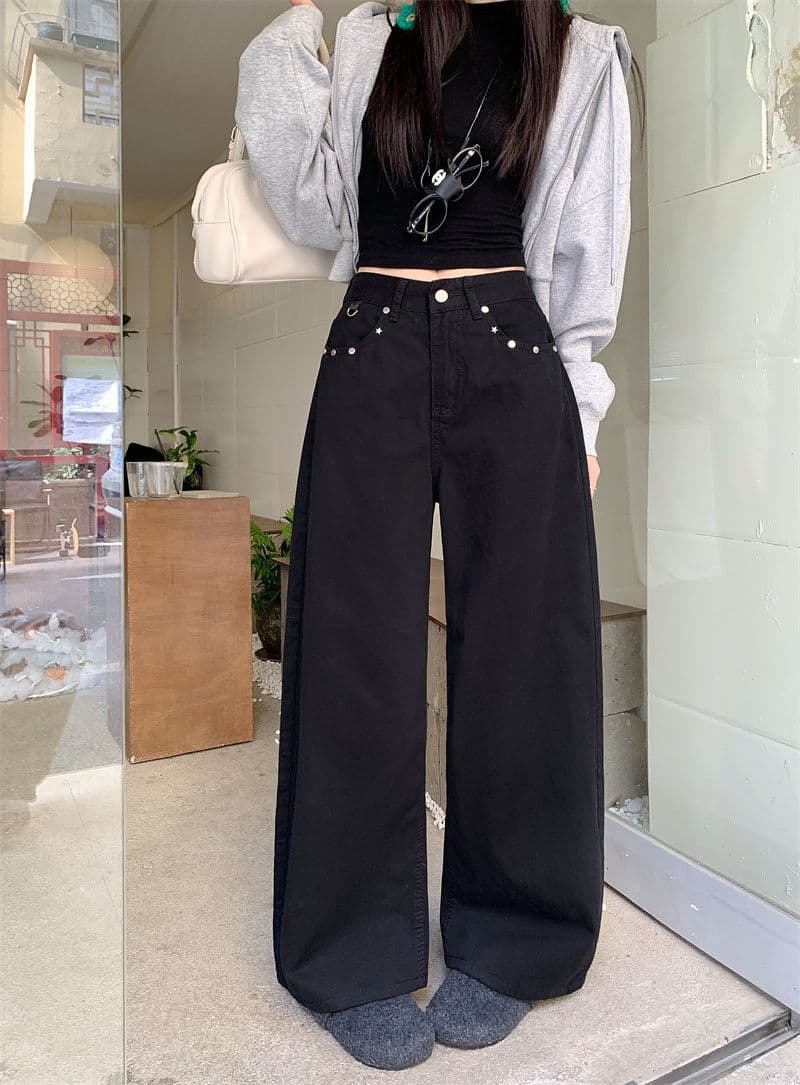 검정색 레트로 루즈핏 넓은 다리 청바지 한국 스타일 디자인 센스 하이웨이스트 외국 가스 표지 고기 스트레이트 팬츠 상세 이미지 3