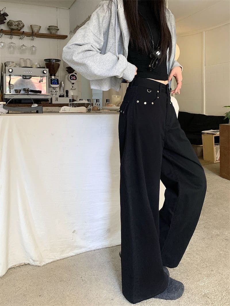 검정색 레트로 루즈핏 넓은 다리 청바지 한국 스타일 디자인 센스 하이웨이스트 외국 가스 표지 고기 스트레이트 팬츠 상세 이미지 9