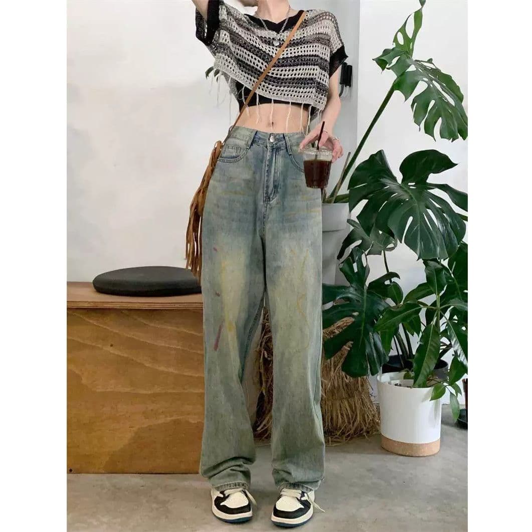 높음 거리 아메리칸 레트로 하이 웨이스트 청바지 여성 바닥 청소 바지 가을 와이드 레그 팬츠 스트레이트 팬츠 도루 센스 루즈핏 바지 트렌디 이미지 4