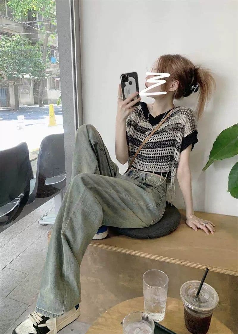 높음 거리 아메리칸 레트로 하이 웨이스트 청바지 여성 바닥 청소 바지 가을 와이드 레그 팬츠 스트레이트 팬츠 도루 센스 루즈핏 바지 트렌디 상세 이미지 8