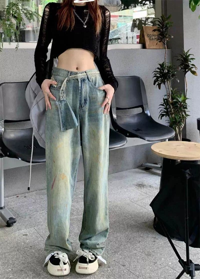 높음 거리 아메리칸 레트로 하이 웨이스트 청바지 여성 바닥 청소 바지 가을 와이드 레그 팬츠 스트레이트 팬츠 도루 센스 루즈핏 바지 트렌디 상세 이미지 9