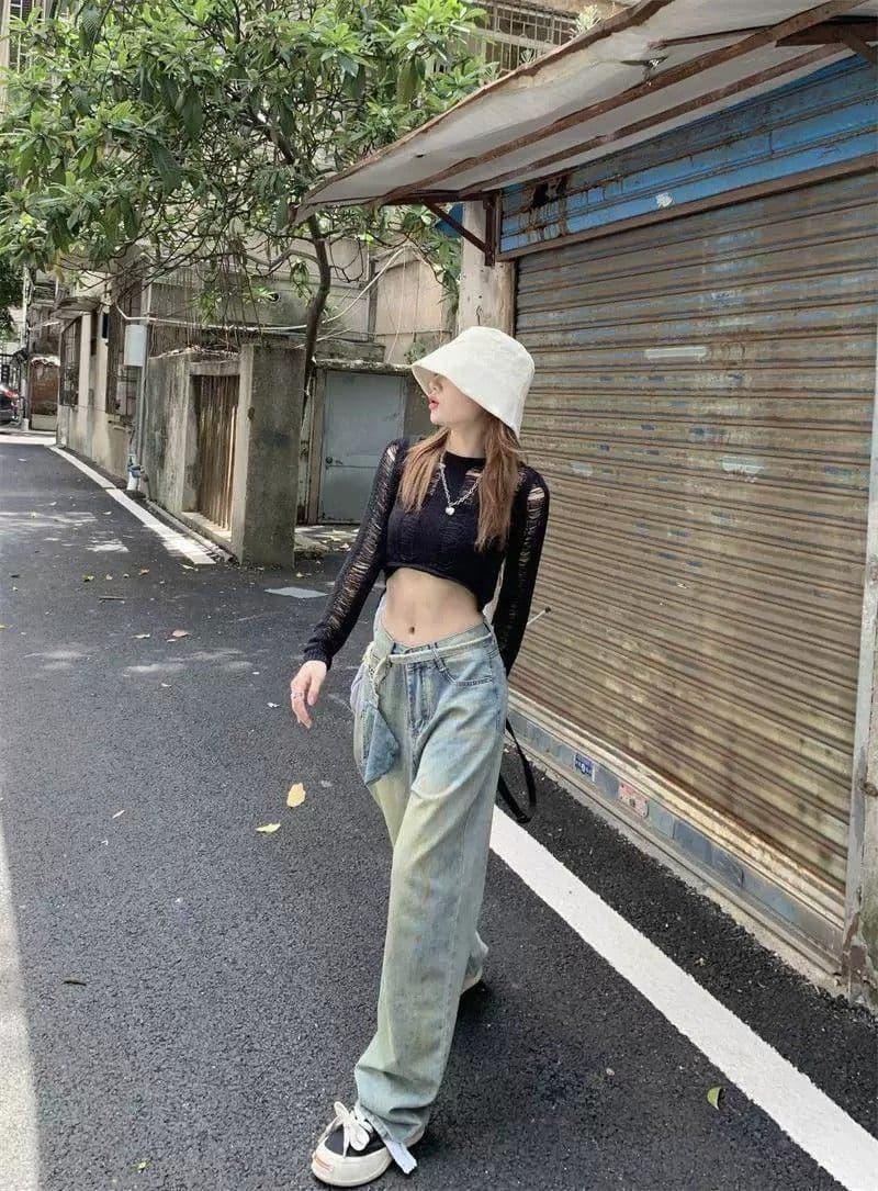 높음 거리 아메리칸 레트로 하이 웨이스트 청바지 여성 바닥 청소 바지 가을 와이드 레그 팬츠 스트레이트 팬츠 도루 센스 루즈핏 바지 트렌디 상세 이미지 11