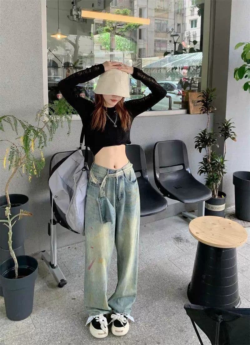 높음 거리 아메리칸 레트로 하이 웨이스트 청바지 여성 바닥 청소 바지 가을 와이드 레그 팬츠 스트레이트 팬츠 도루 센스 루즈핏 바지 트렌디 상세 이미지 15