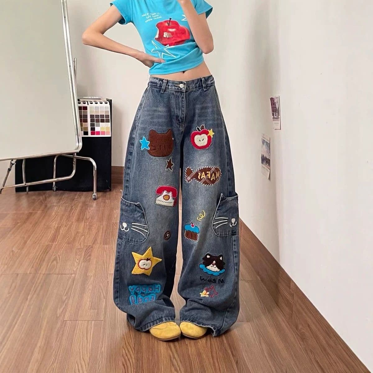 재미있는 만화 워싱 기타 주머니 디자인 센스 넓은 다리 청바지 남녀 아메리칸 레트로 루즈핏 트렌드 bf 긴 바지 이미지 2
