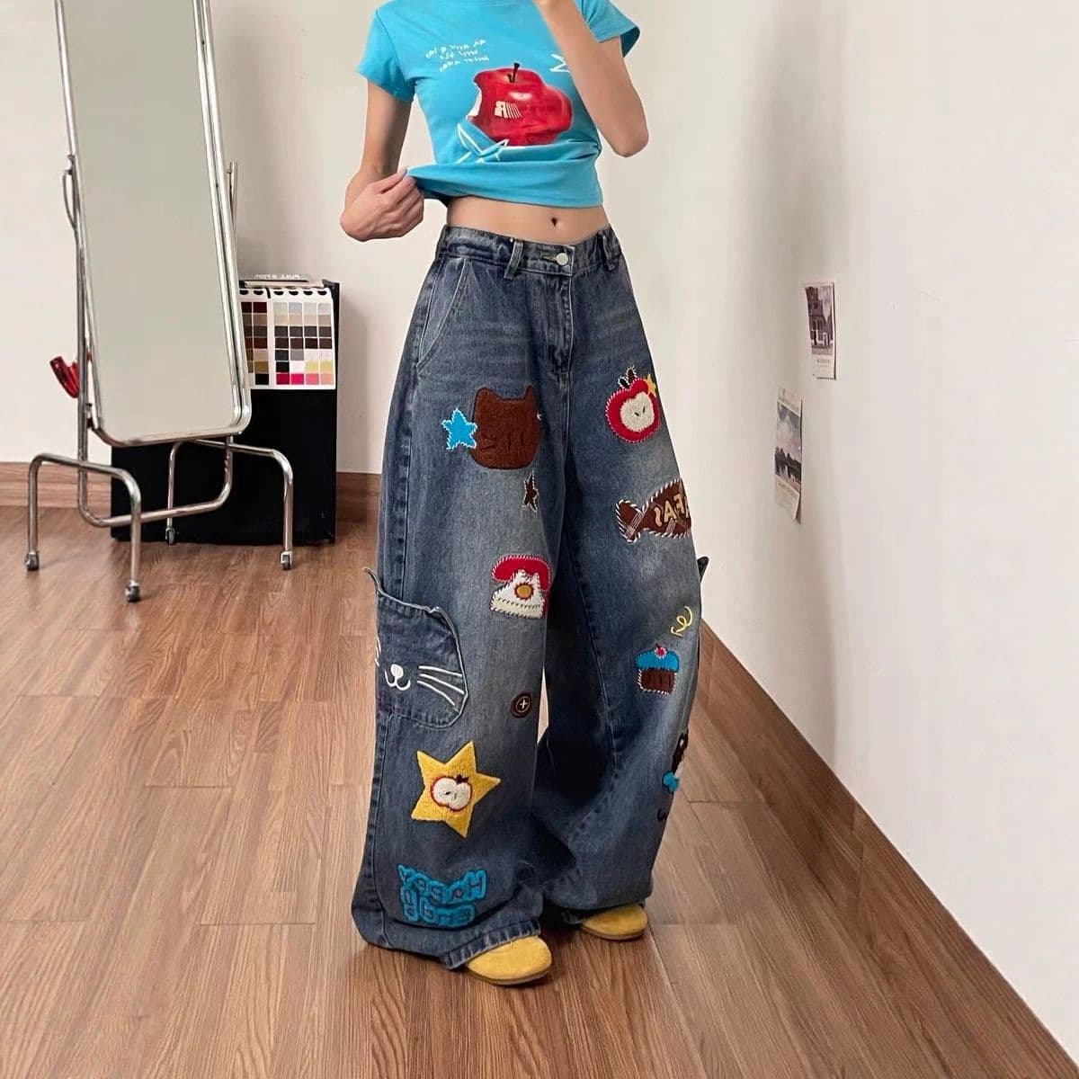 재미있는 만화 워싱 기타 주머니 디자인 센스 넓은 다리 청바지 남녀 아메리칸 레트로 루즈핏 트렌드 bf 긴 바지 이미지 3