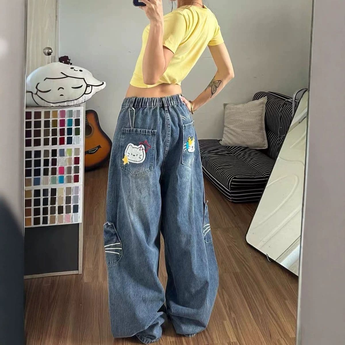 재미있는 만화 워싱 기타 주머니 디자인 센스 넓은 다리 청바지 남녀 아메리칸 레트로 루즈핏 트렌드 bf 긴 바지 이미지 3