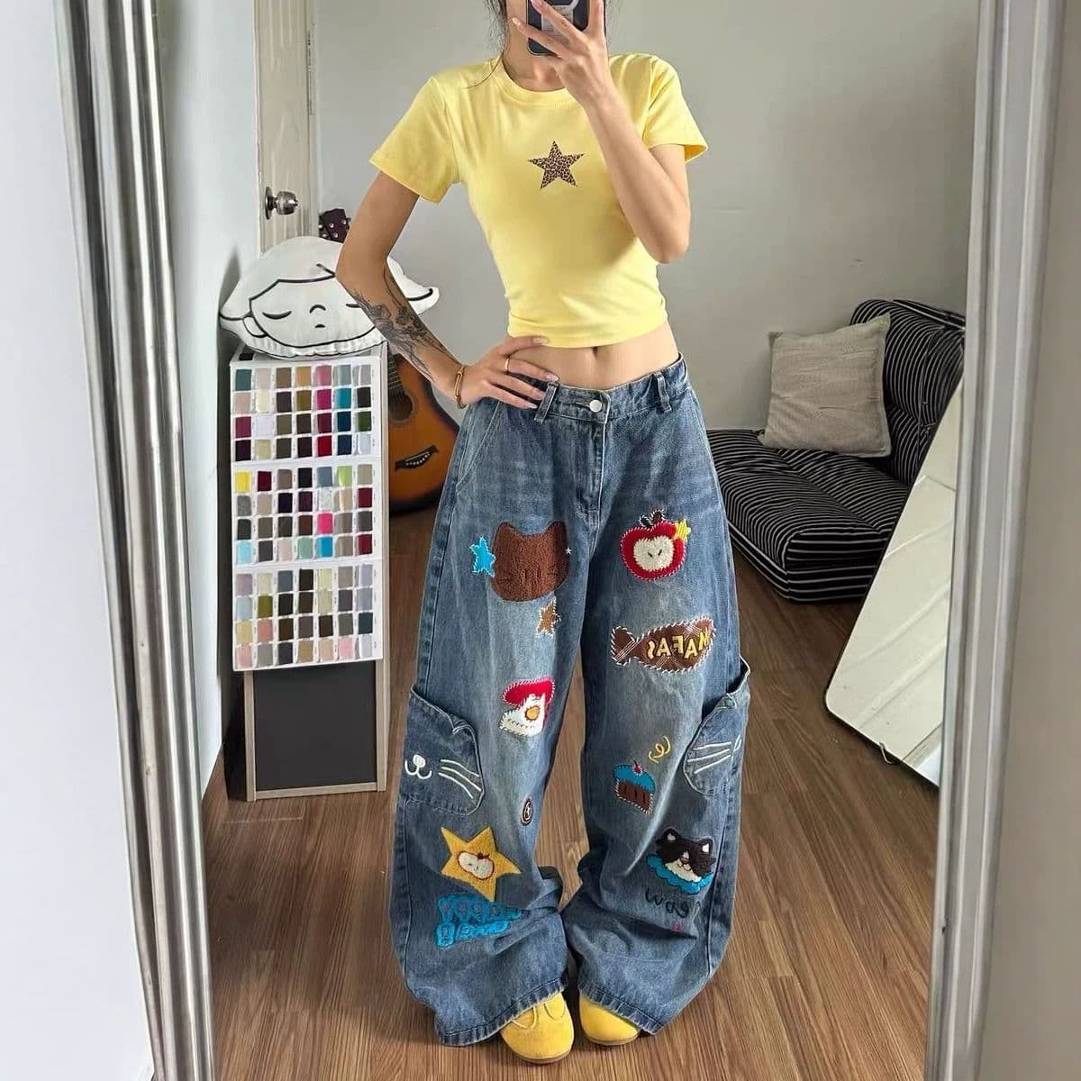 재미있는 만화 워싱 기타 주머니 디자인 센스 넓은 다리 청바지 남녀 아메리칸 레트로 루즈핏 트렌드 bf 긴 바지 상세 이미지 5