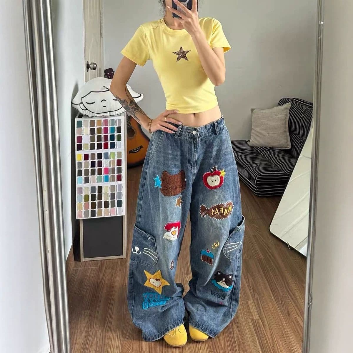 재미있는 만화 워싱 기타 주머니 디자인 센스 넓은 다리 청바지 남녀 아메리칸 레트로 루즈핏 트렌드 bf 긴 바지 상세 이미지 9