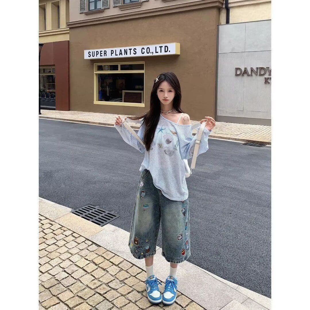 아메리칸 레트로 재미있는 만화 자수 데님 7부 바지 남녀 거리 바람 낙서 블루 루즈핏 스트레이트 중 반바지 이미지 2