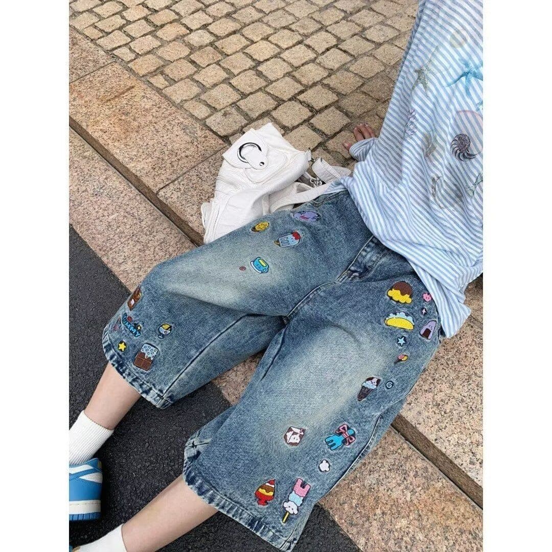 아메리칸 레트로 재미있는 만화 자수 데님 7부 바지 남녀 거리 바람 낙서 블루 루즈핏 스트레이트 중 반바지